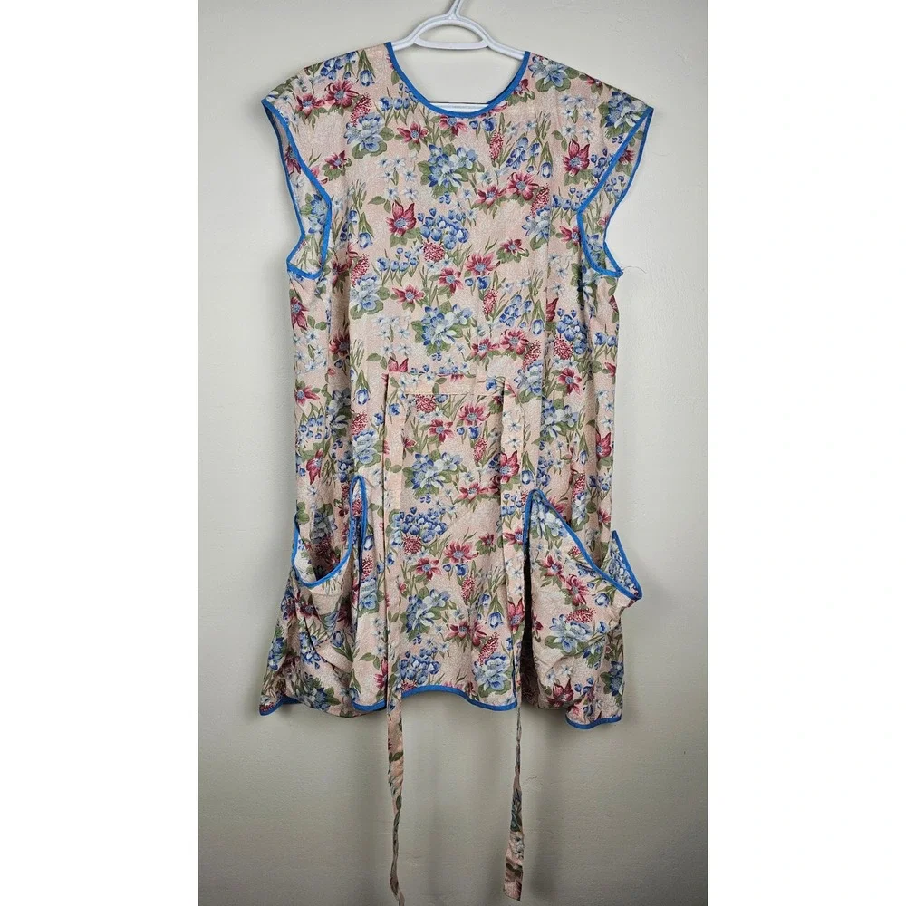 Vintage Smock Apron Women OS Pink Floral Vintage Cobbler Sleeveless Pockets